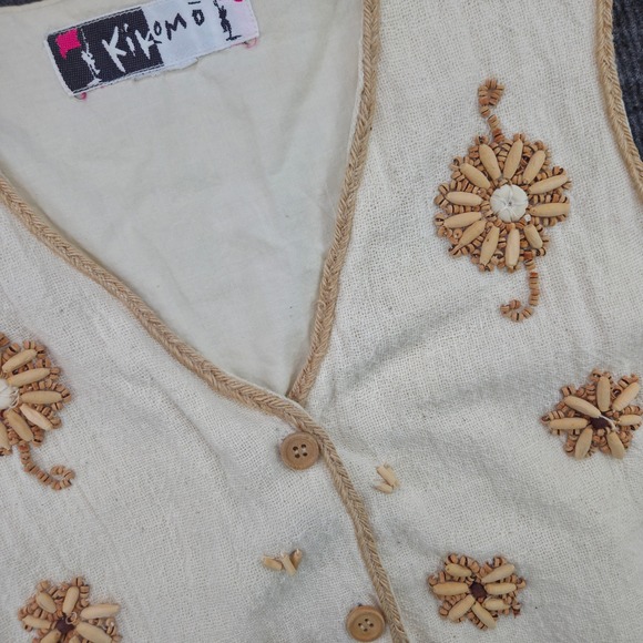 Kikomo Jackets & Blazers - Kikomo Vest Womens Ivory Cotton Boho Wood Bead Floral Cottagecore Sleeveless